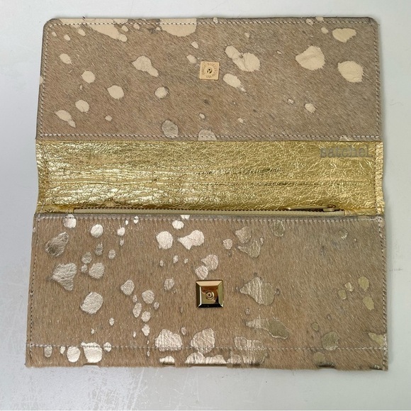 Genuine Fur-On Cowhide Metallic Gold Splatter Paint Handmade Artisan Clutch Boho - Picture 15 of 17